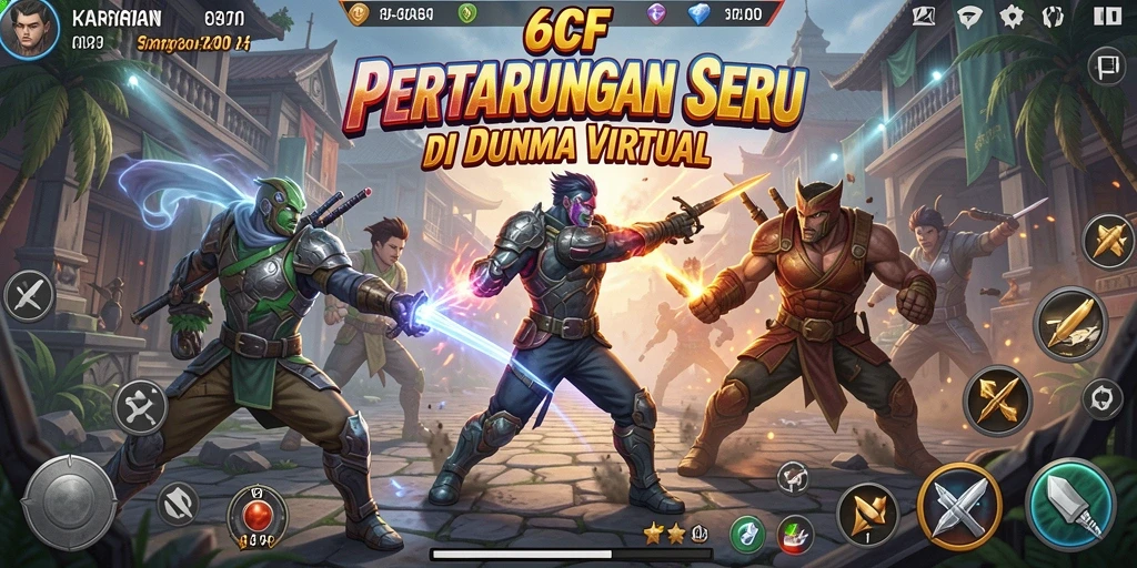Tampilan gameplay <strong>6CF</strong> yang mendebarkan dengan karakter bertarung di arena.