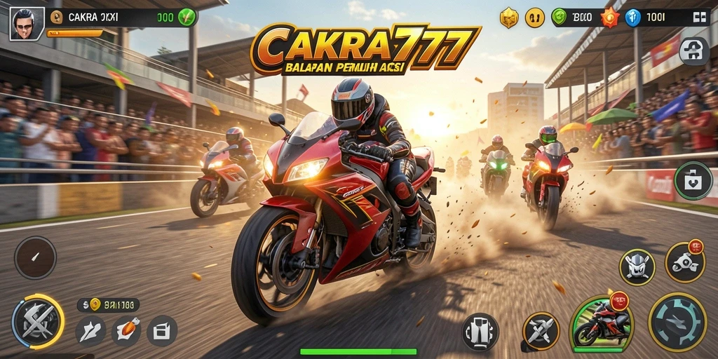 Screenshot gameplay CAKRA777 yang menampilkan aksi balapan motor.