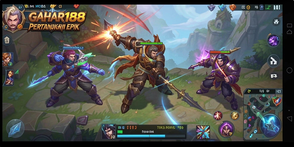 Gameplay MOBA yang intens di arena pertarungan.