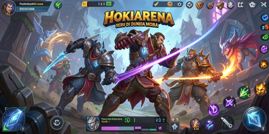 Screenshot gameplay HOKIARENA menampilkan aksi seru pertarungan tim.