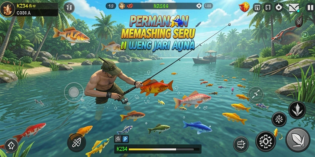 Screenshot utama K234 menampilkan pemain yang asyik memancing di danau yang indah.