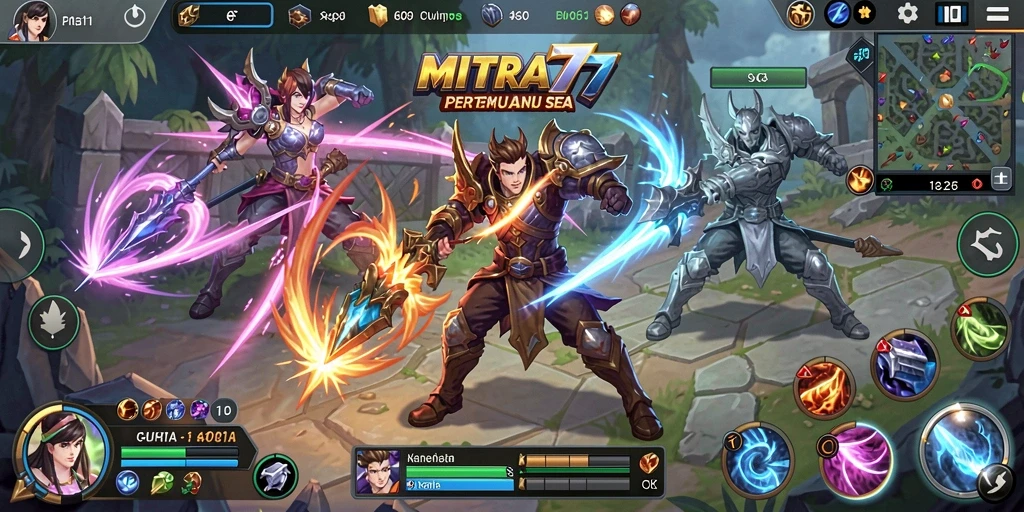 Tampilan utama gameplay MITRA77 dengan pertarungan intens.