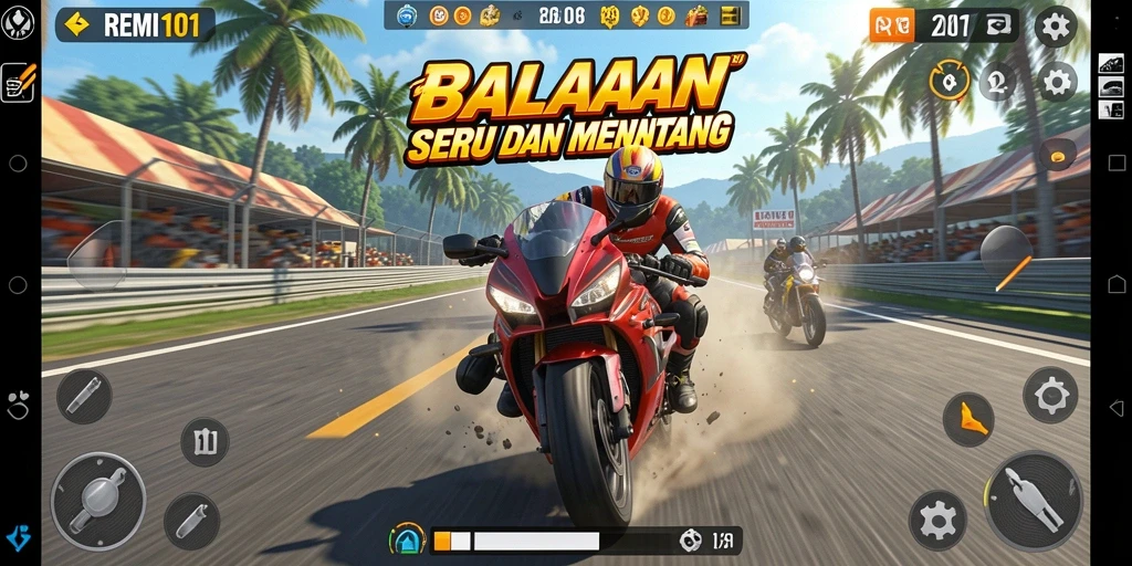 Screenshot utama REMI101 menampilkan aksi balapan motor yang mendebarkan.