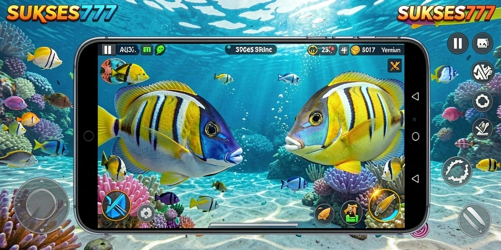 Tampilan gameplay seru dari SUKSES777 dengan berbagai ikan berwarna-warni.