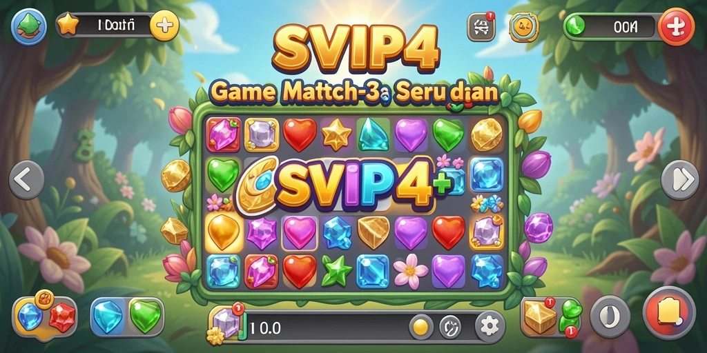 Tampilan gameplay SVIP4 dengan warna cerah dan tantangan Match-3.