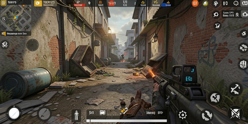Tangkapan layar dari gameplay TGER123 dengan aksi tembak-menembak yang seru.